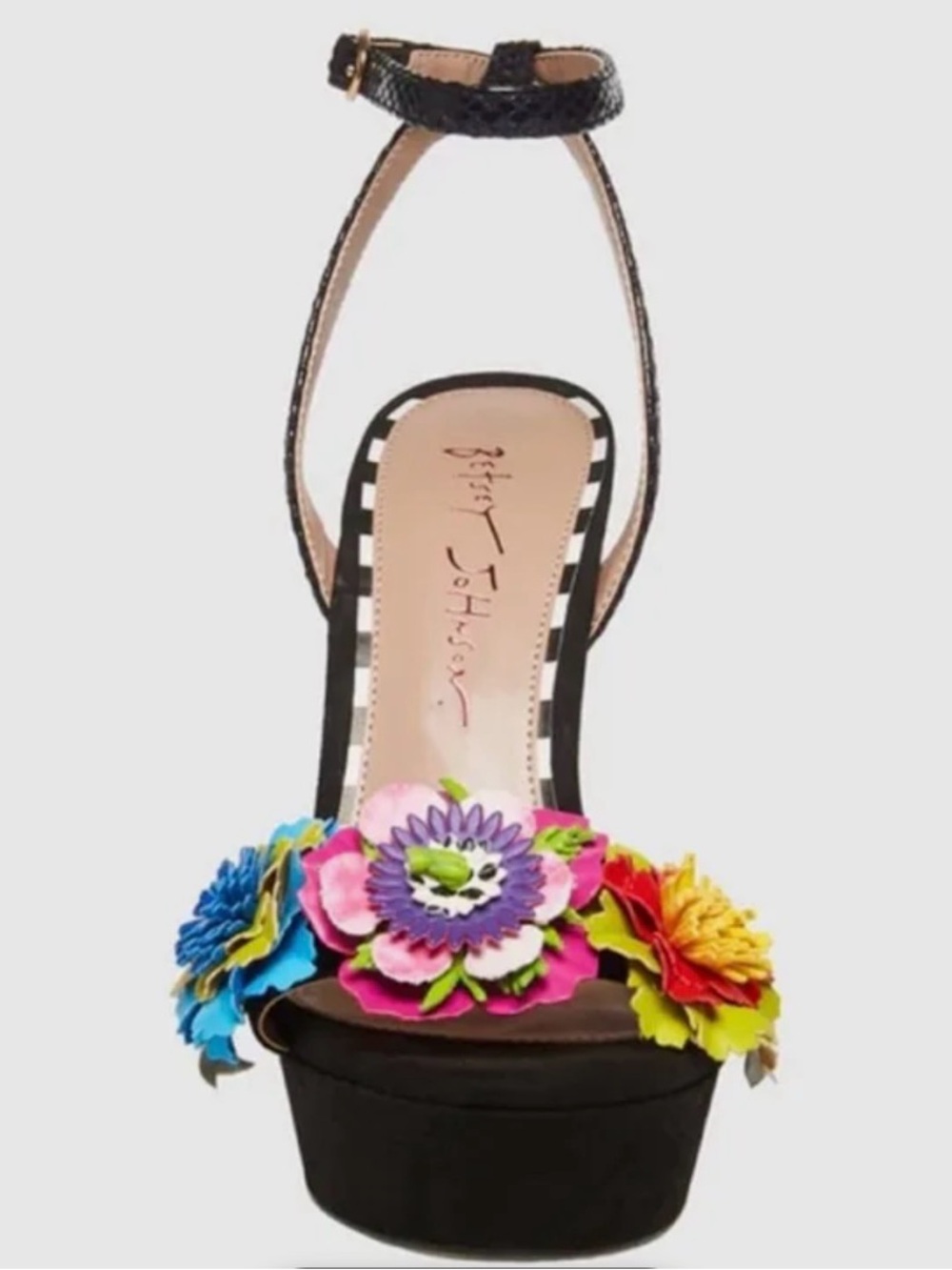 Betsey Johnson Milana Black Platform Sandal with Multicolor Floral Appliqués